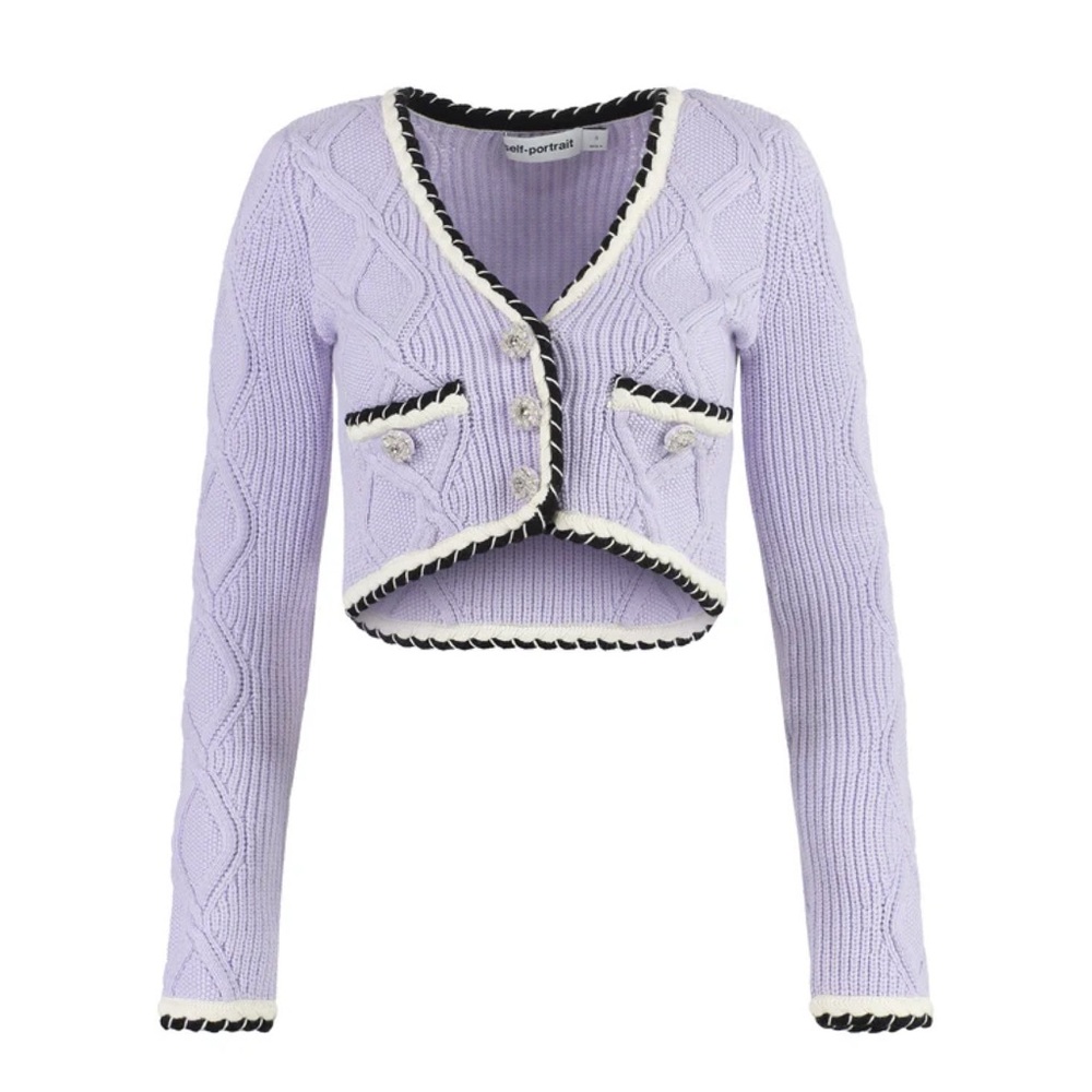 Self-Portrait Lilac Cropped-Length Knit Cardigan Medium